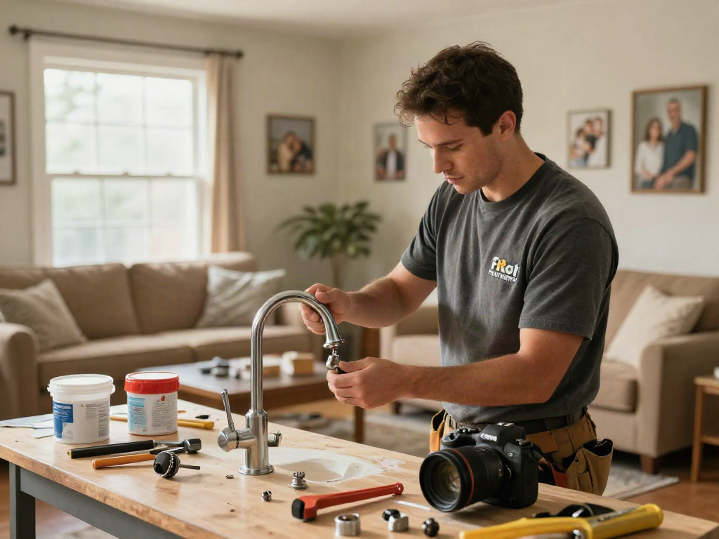 Home repair services Des Moines Iowa depicted in a skilled handyman fixing a leaky faucet in a cozy living room.