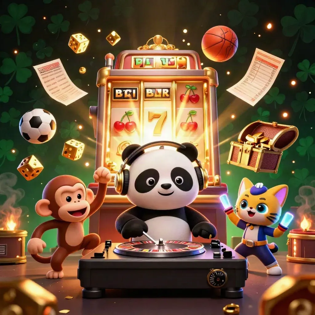 DJ panda, breakdancing monkey and glow-stick kitten amid slot bursts, gold, balls and neon casino light