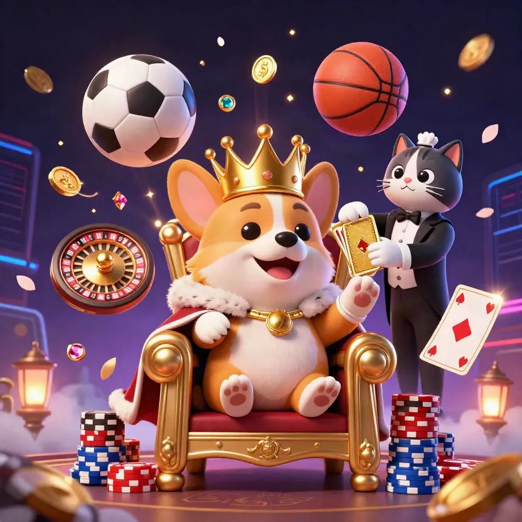 Royal corgi and cat butler amid chips, coins, and sports balls in neon casino glow