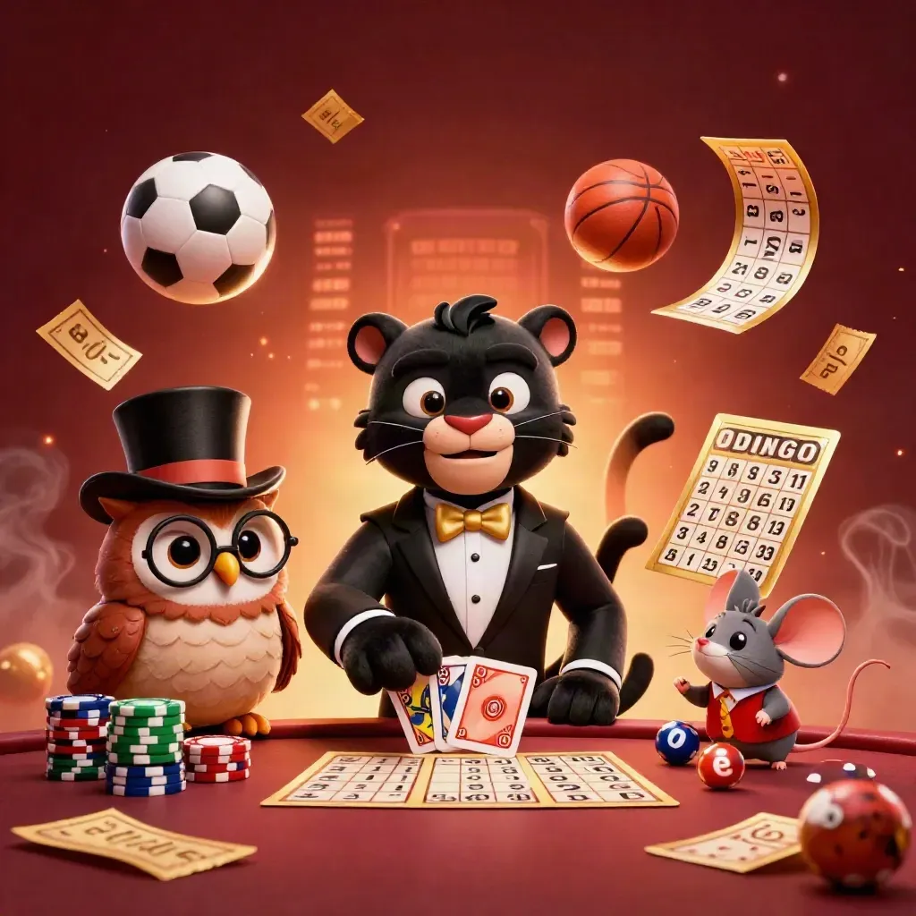 Panther, owl and mouse in a western casino burst with chips, cards, balls and golden lights.
