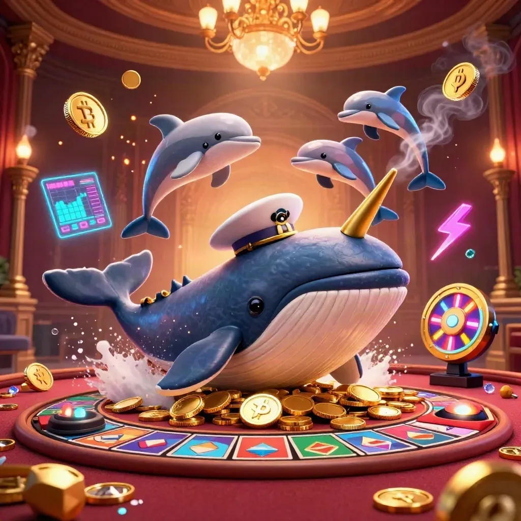 Cartoon whale captain, narwhal, and dolphins amid coins, crypto glow, and casino luxury