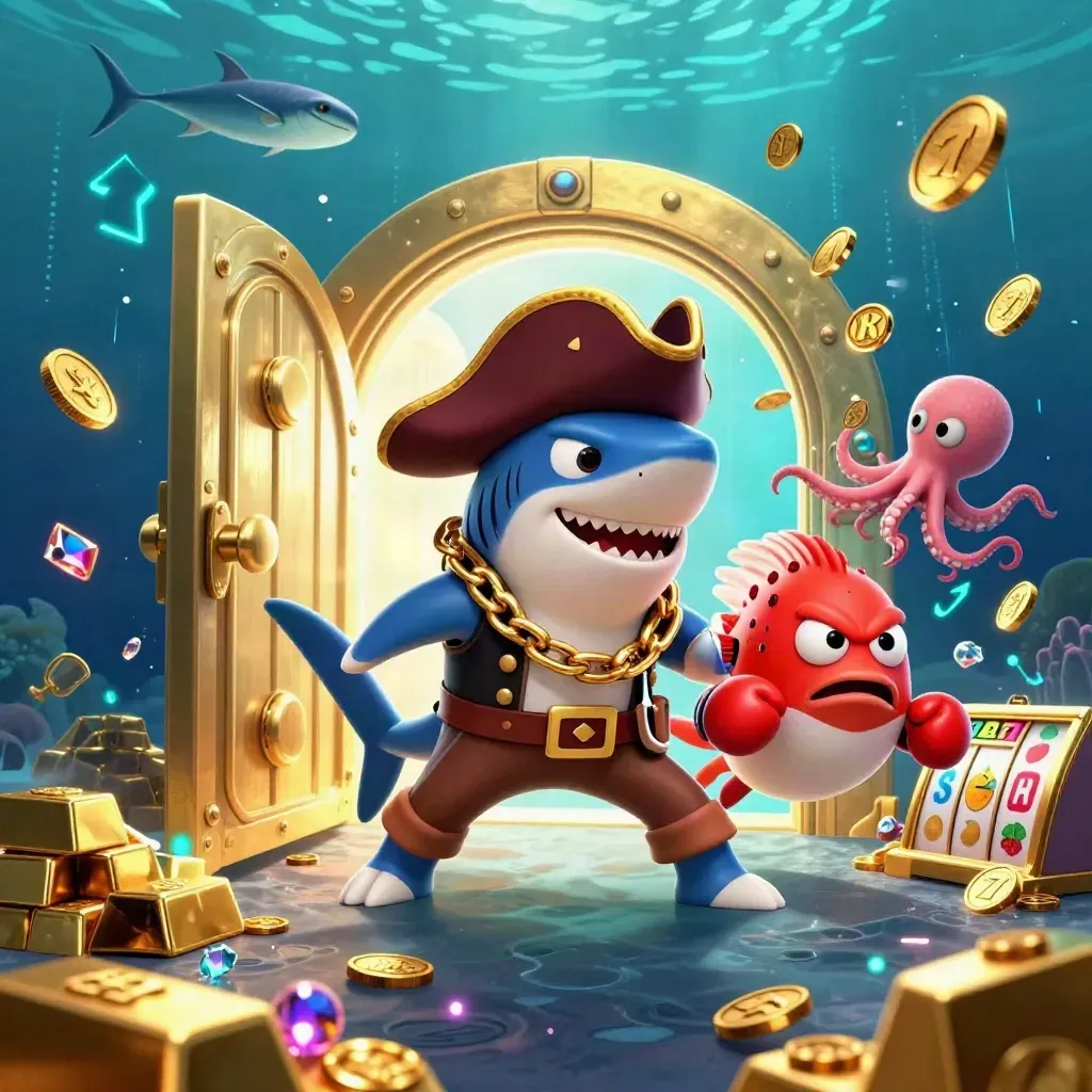 Pirate shark, boxing pufferfish, and coin-juggling octopus burst gold from an underwater vault.