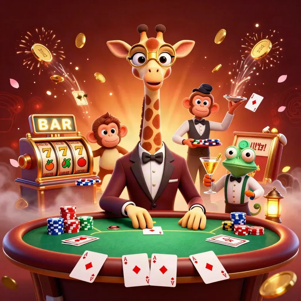 Giraffe, monkey, and chameleon casino heroes amid coins, chips, fireworks, and vault glow.