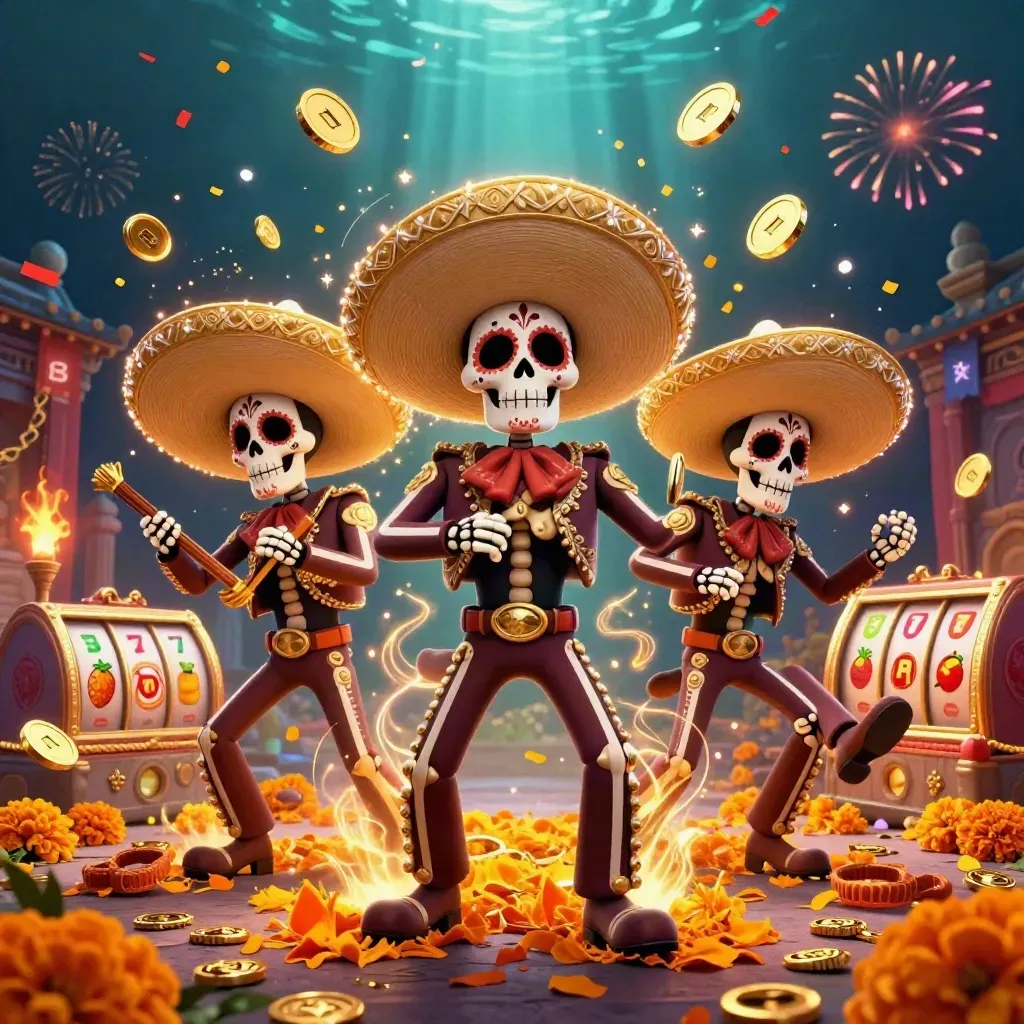 Skeleton mariachi trio amid gold coins, fireworks, temple gate, and casino reels.