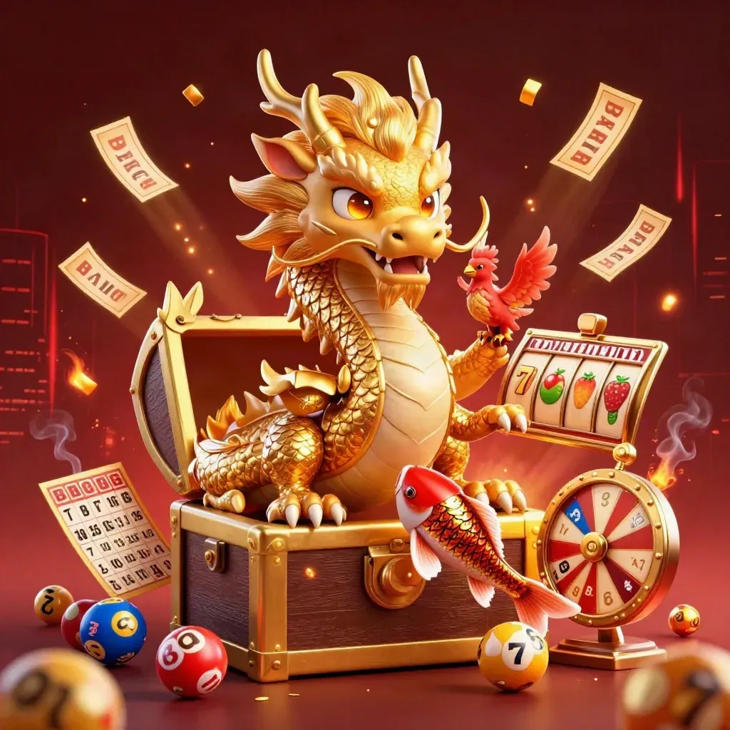 Golden dragon with phoenix and koi amid casino bursts in a Western jackpot scene.