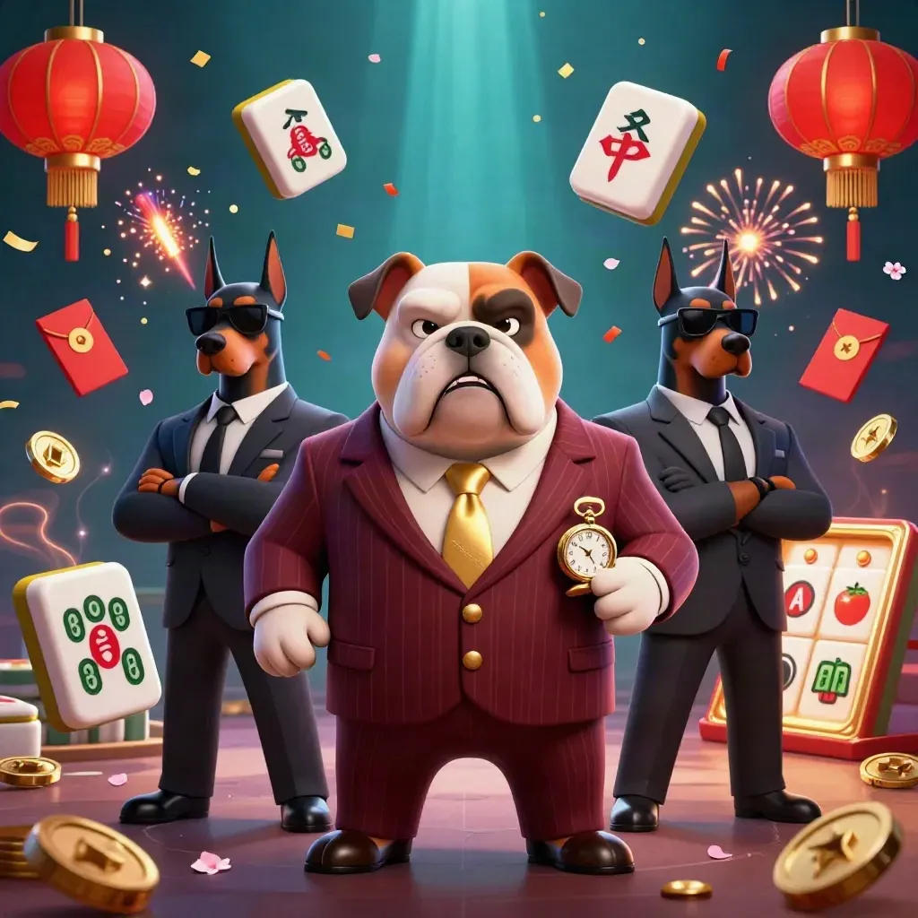 Bulldog mob boss with Doberman guards amid casino charms, coins, lanterns, and fireworks.