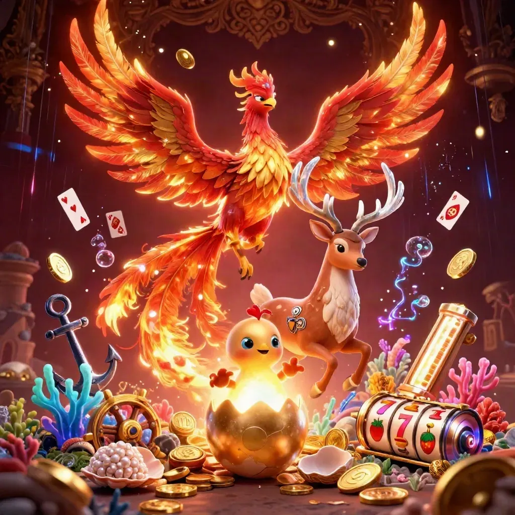 Fire phoenix, baby phoenix, and crystal-antlered stag amid casino treasure, reels, coins, and neon glow.