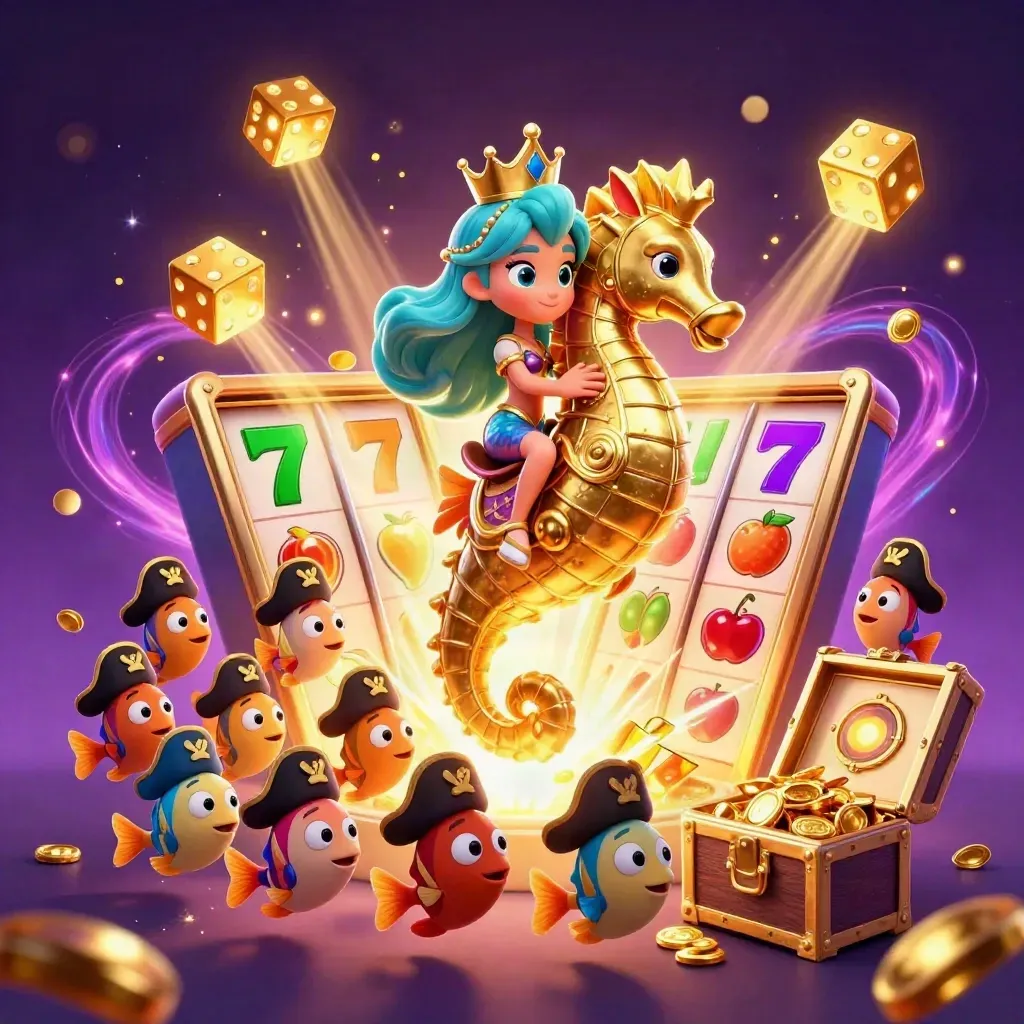 Mermaid princess on a golden seahorse amid slot symbols, dice, and gold in a dark casino sky.