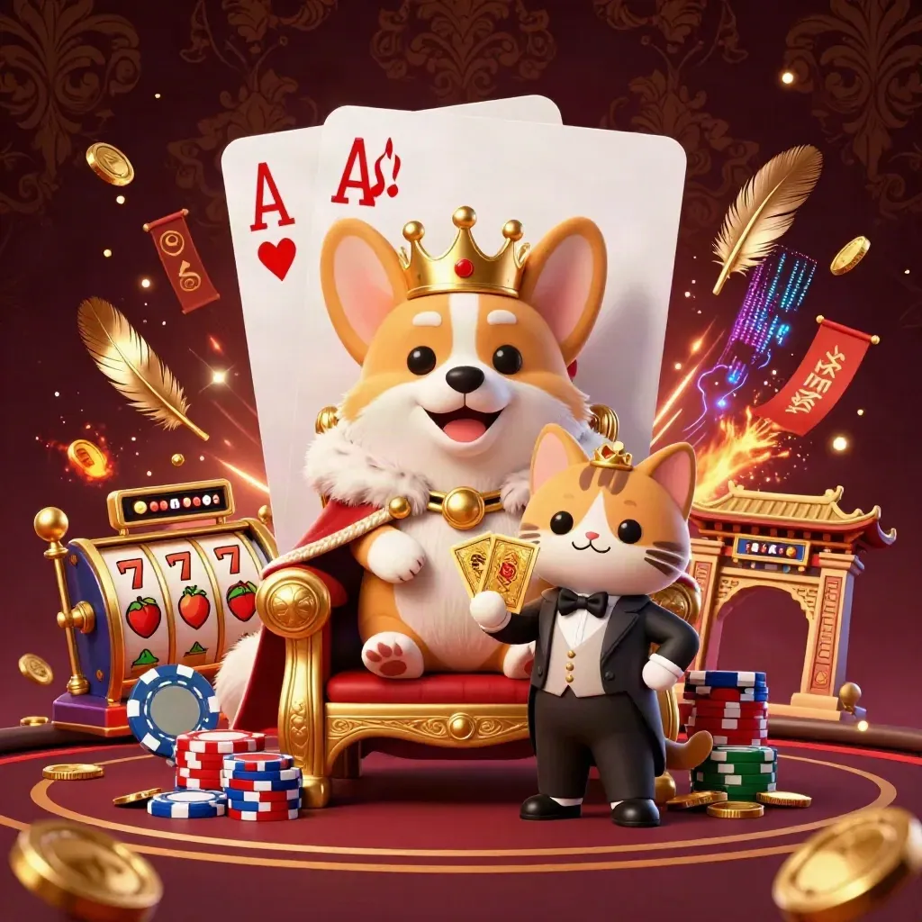 Royal corgi and cat butler on a chip throne amid western casino magic and glowing effects.